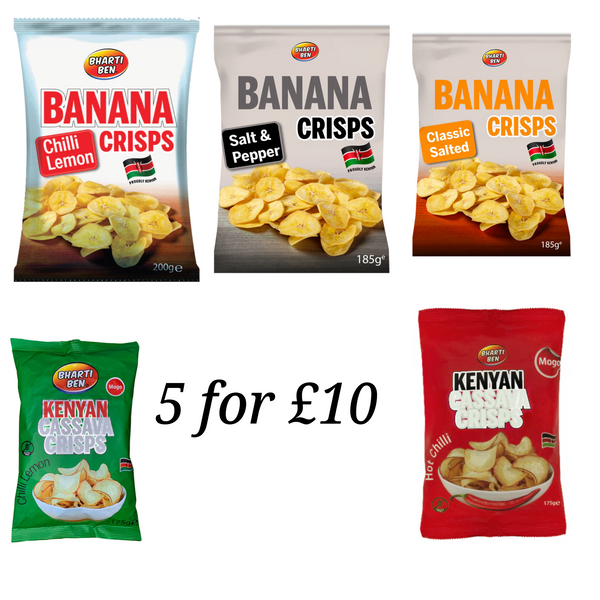 5 for £10 Bharti Ben Banana Chilli | Salt & Pepper | Classic salted | cassava chilli Lemon| Hot chilli crips bundle (Best Before End Jan)