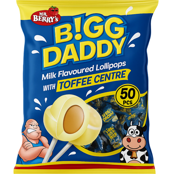 Mr. Berry's Bigg Daddy Milk Flavoured with Toffee Centre XXL Lollipops 50 Pcs.