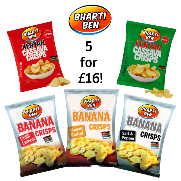 5 for £16 Bharti Ben Banana Chilli | Salt & Pepper | Classic salted | cassava chilli Lemon| Hot chilli crisps bundle